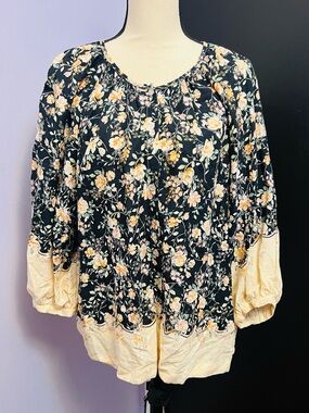 Made in India Floral Peasant Blouse - Black and Cream